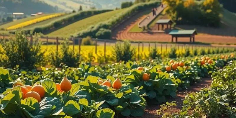 A picturesque landscape with sunlight illuminating an orchard full of fruits and vegetables.