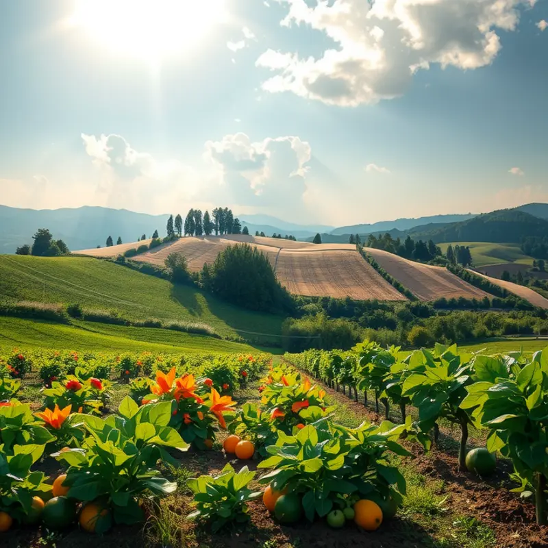 A vibrant sunlit field showcasing fresh organic produce.