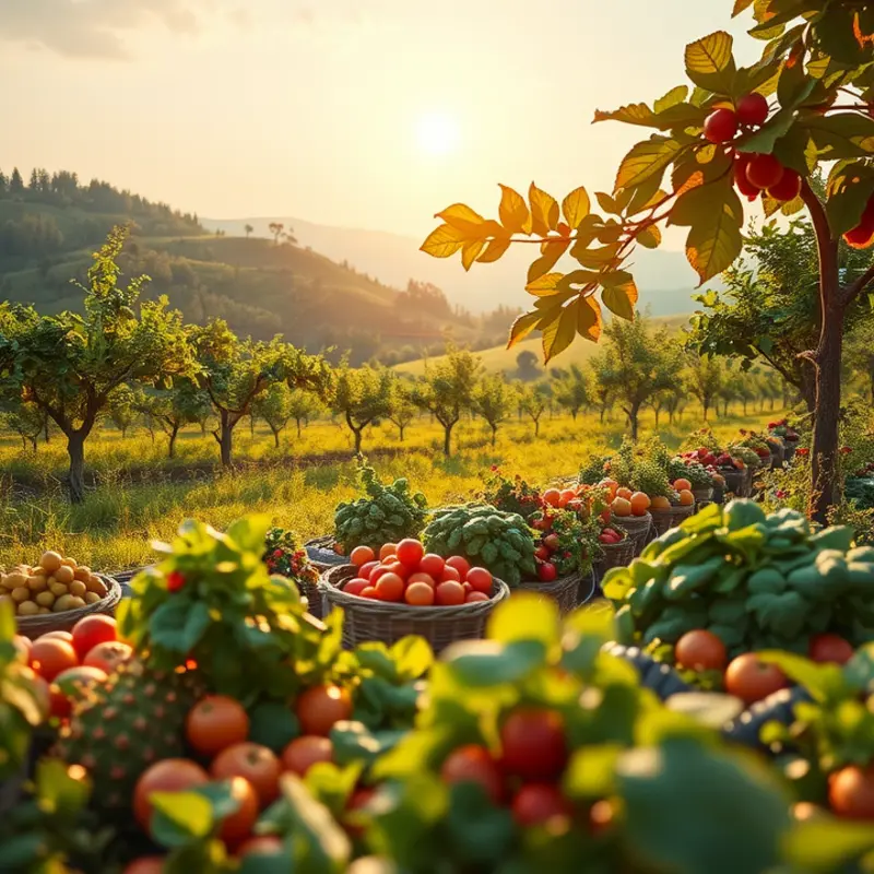 A sunlit field filled with vibrant organic vegetables and fruits.