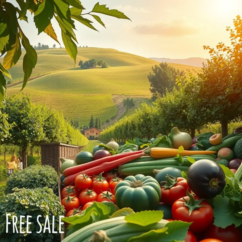 Vibrant vegetables and fruits thriving in a sunlit landscape.