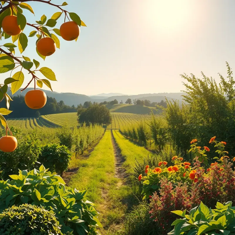 A vibrant sunlit orchard showcasing the abundance of fresh produce.
