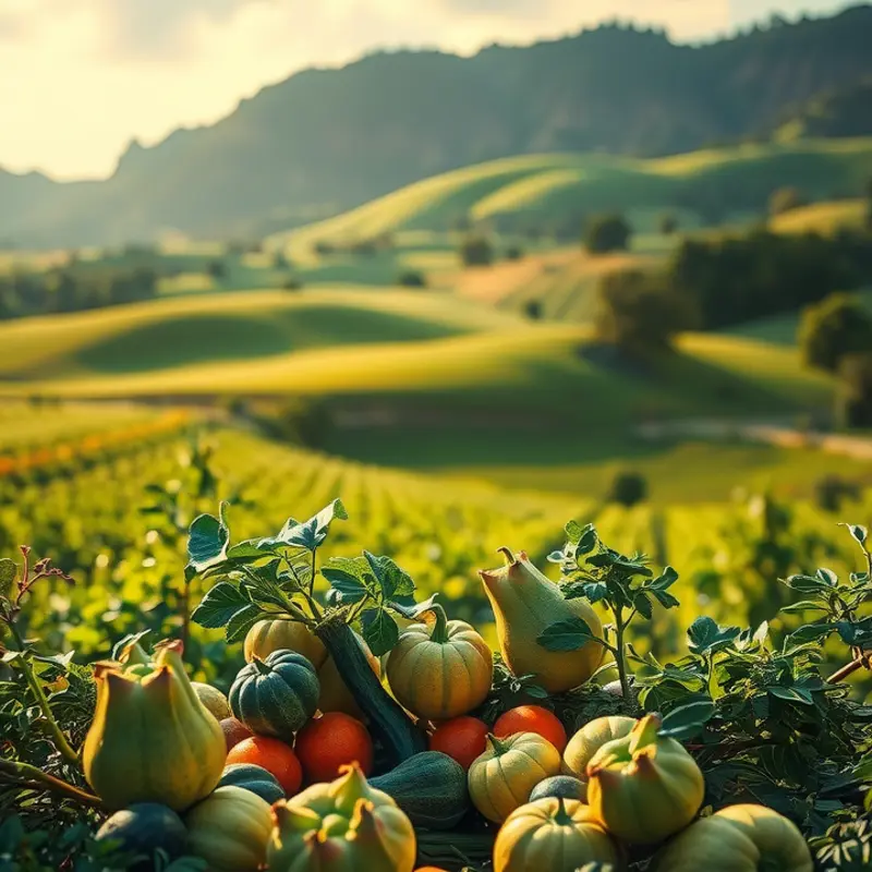 A sunlit field showcasing vibrant vegetables and fruits, symbolizing fresh produce.