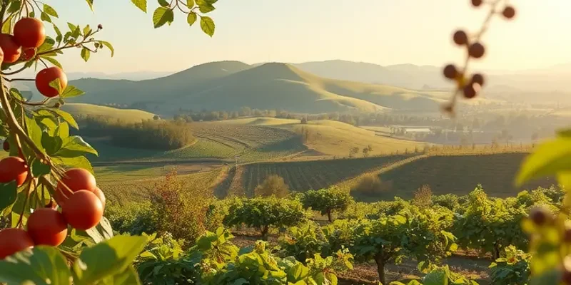A vibrant, sunlit field filled with organic fruits and vegetables.