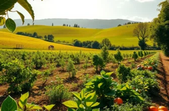 A bright orchard showcasing an abundance of ripe fruits and vegetables in natural sunlight.