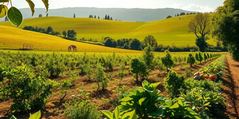 A bright orchard showcasing an abundance of ripe fruits and vegetables in natural sunlight.