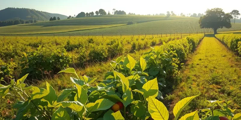 A sunny scene filled with fresh vegetables and fruits in a lush, organic setting.