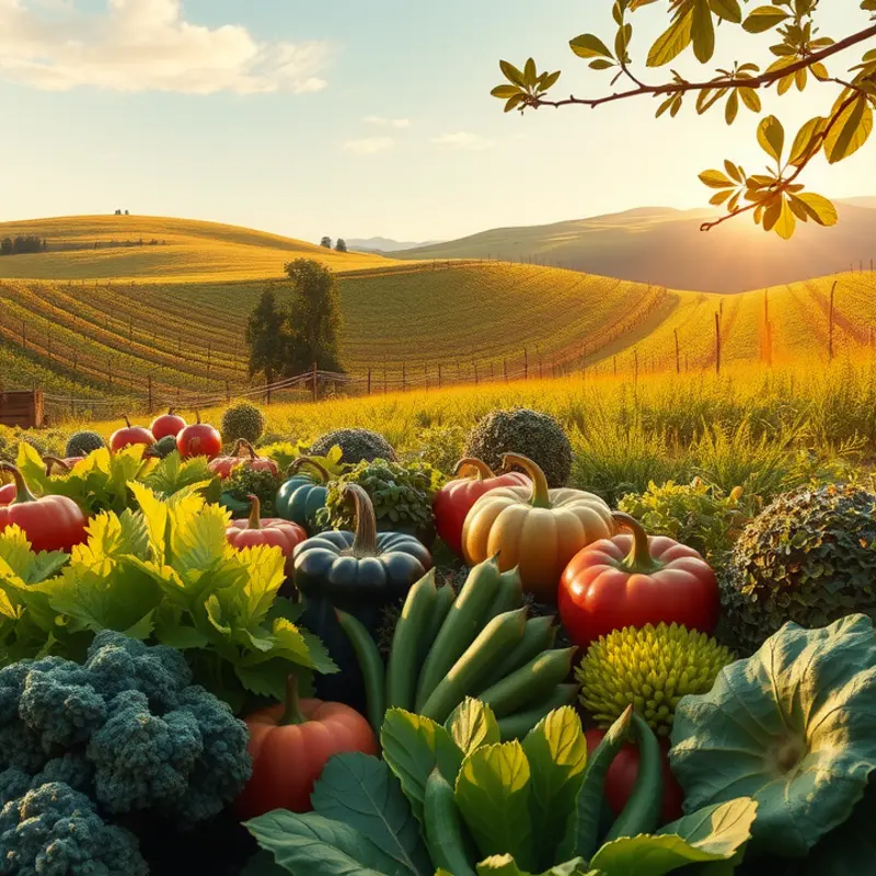 A sunlit field abundant with organic vegetables and fruits.