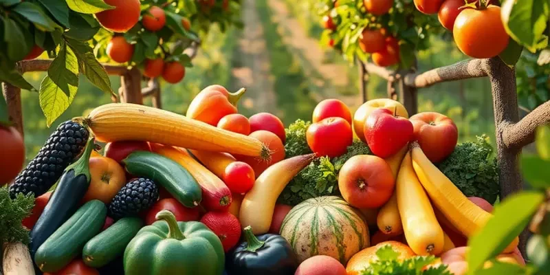 A sunlit orchard showcasing a variety of fresh vegetables and fruits, symbolizing the beauty of meal planning.