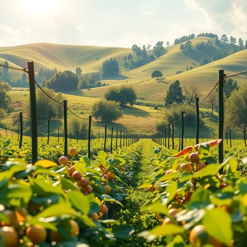 A scenic view of vibrant vegetables and fruits growing naturally in a sunlit field.