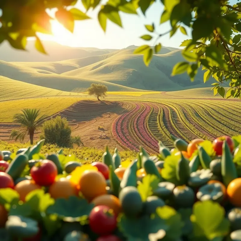 A sunlit orchard showcasing vibrant vegetables and fruits.