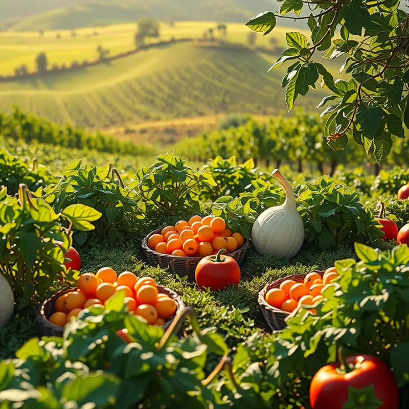 A vibrant sunlit orchard filled with organic fruits and vegetables.