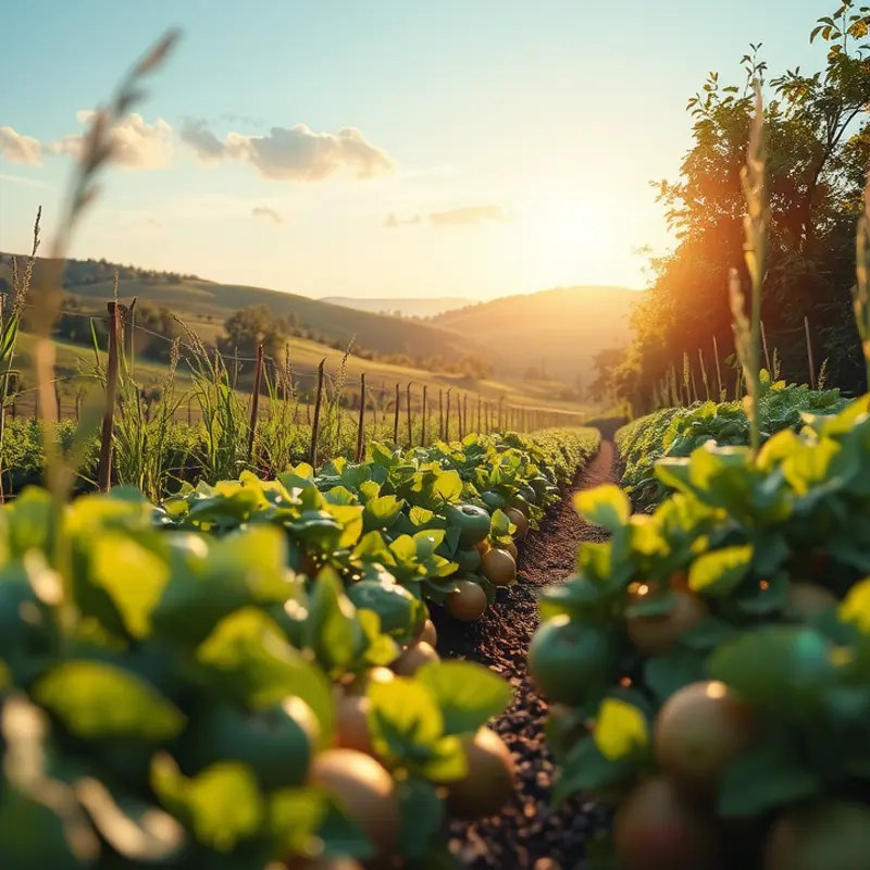A vibrant orchard showcasing an abundance of organic vegetables and fruits.