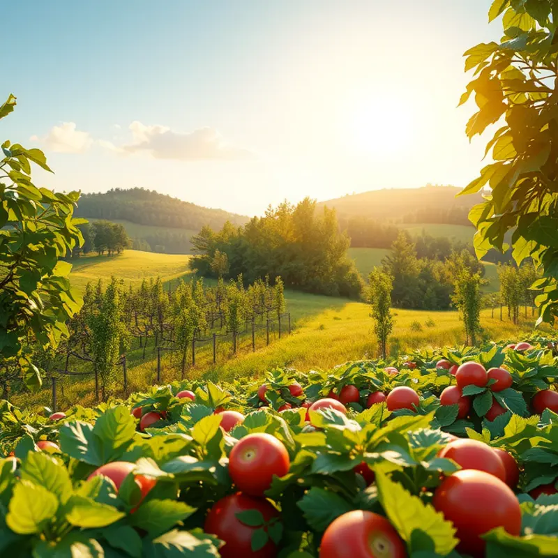 A lush and sunlit landscape featuring vibrant vegetables and fruits, representing the abundance of a vegetarian keto lifestyle.