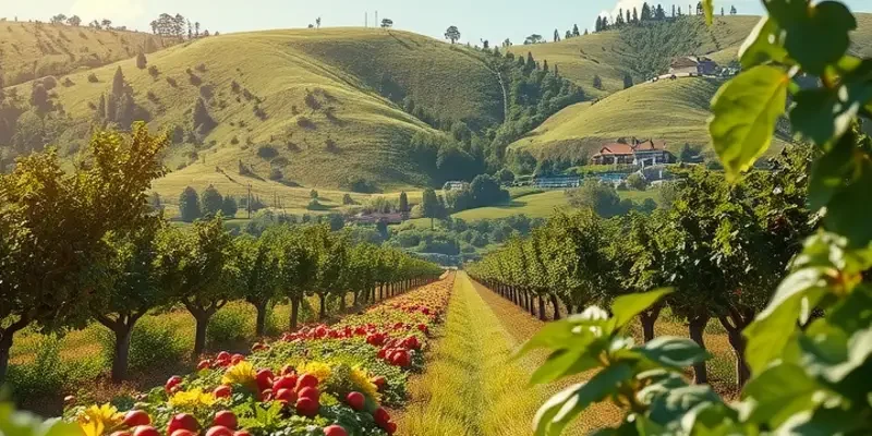 A beautiful landscape with a field of vibrant vegetables and fruits, signifying the essence of healthy meal preparation.