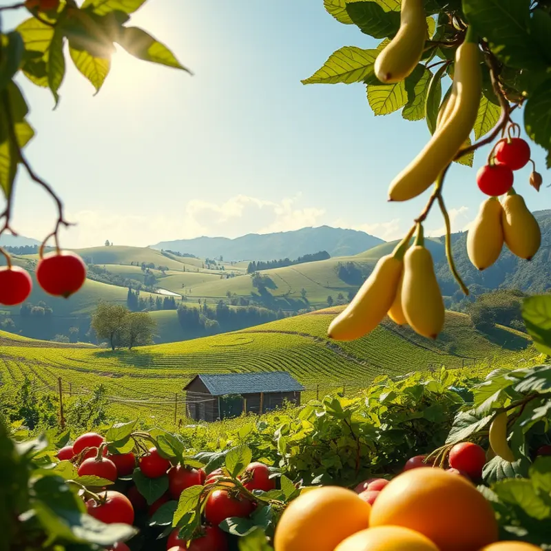 A sunlit orchard filled with vibrant vegetables and fruits.