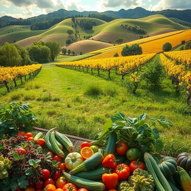 A vibrant sunlit orchard filled with fresh organic produce.