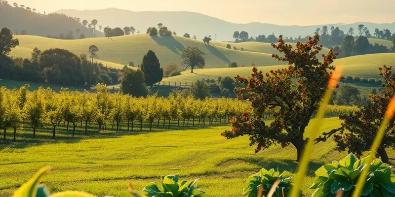 A scenic view of vibrant fruits and vegetables growing in a natural setting.