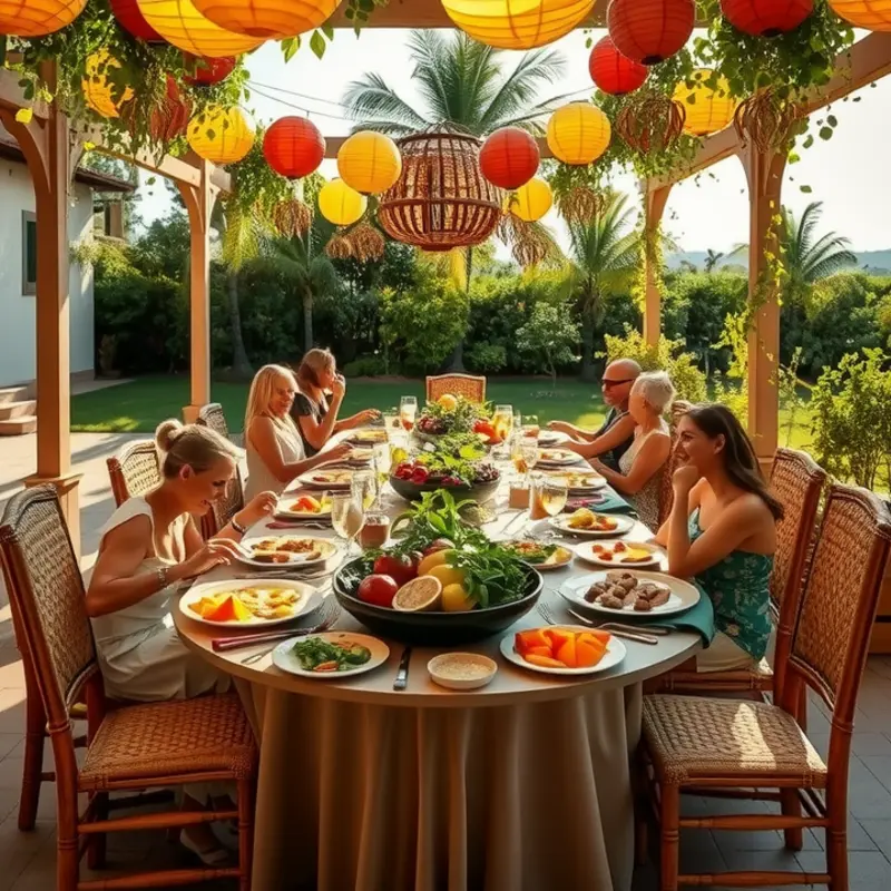 A vibrant Mediterranean communal dining table set for a feast.