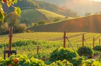 A beautiful sunlit landscape featuring lush organic produce and hills, symbolizing the essence of the Mediterranean diet.
