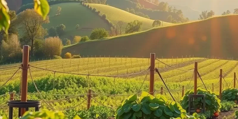 A beautiful sunlit landscape featuring lush organic produce and hills, symbolizing the essence of the Mediterranean diet.