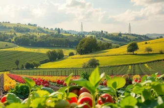 A sunlit Mediterranean field showcasing an abundance of fresh, organic vegetables and fruits.
