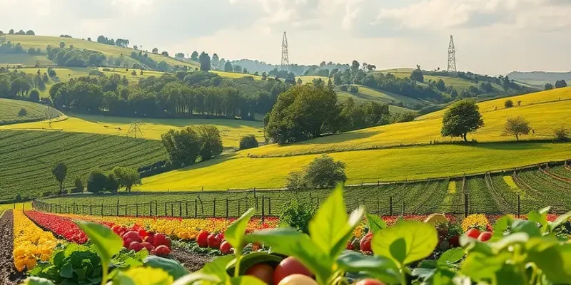 A sunlit Mediterranean field showcasing an abundance of fresh, organic vegetables and fruits.