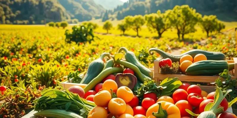 A vibrant natural scene showcasing an abundance of organic fruits and vegetables.