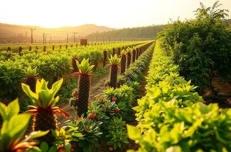 A scenic view of a Mediterranean landscape filled with vibrant produce under warm sunlight.