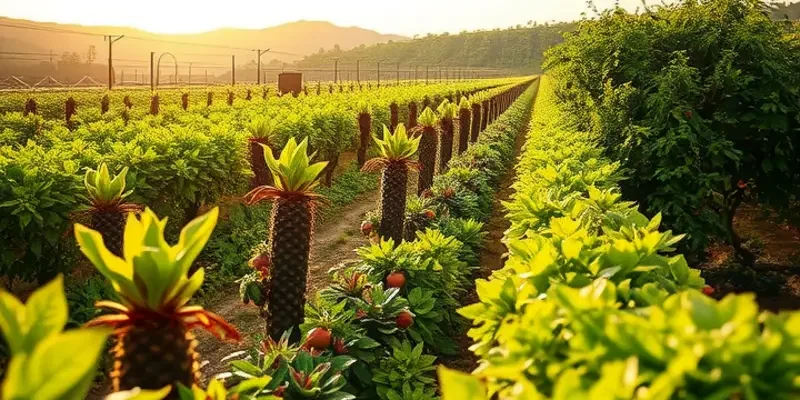 A scenic view of a Mediterranean landscape filled with vibrant produce under warm sunlight.