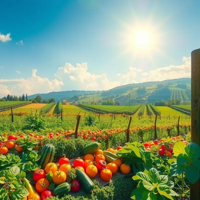A sunlit Mediterranean landscape showcasing vibrant vegetables and fruits.