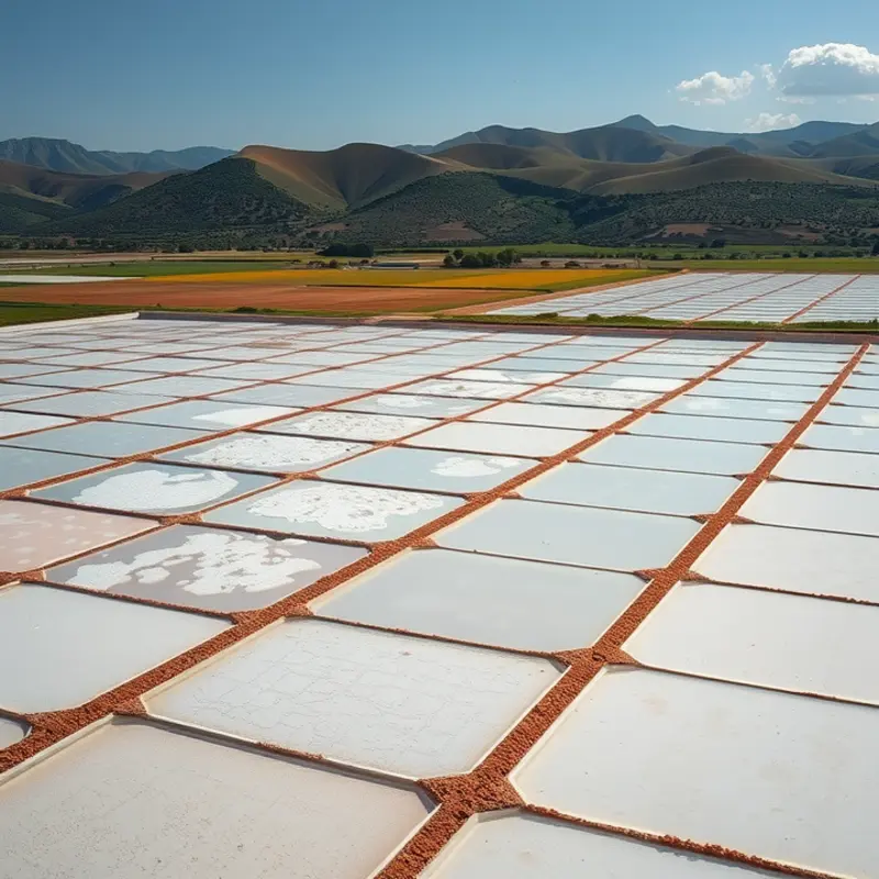 Mediterranean salt flats gleam under the sunny skies, reflecting local traditions.
