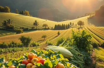A vibrant sunlit field filled with fresh vegetables and fruits, emphasizing healthy nutrition.