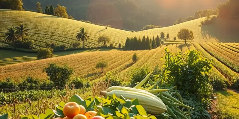 A vibrant sunlit field filled with fresh vegetables and fruits, emphasizing healthy nutrition.