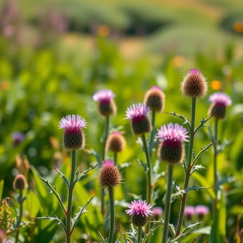 Lush milk thistle plants thriving in a sunlit field.