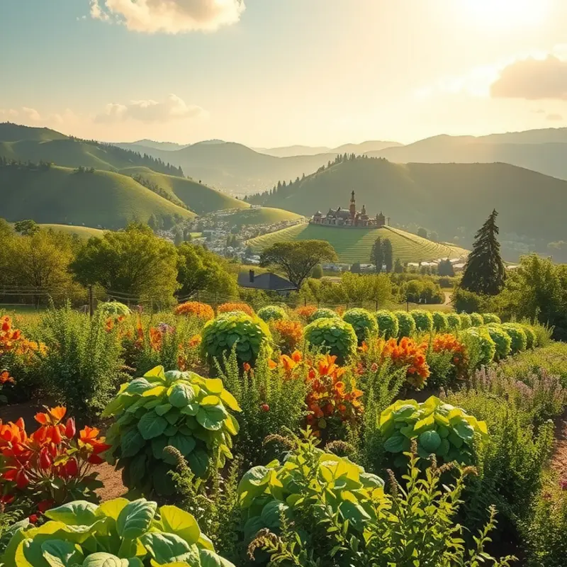 A serene landscape filled with vibrant produce symbolizes the nourishing qualities of comfort foods.