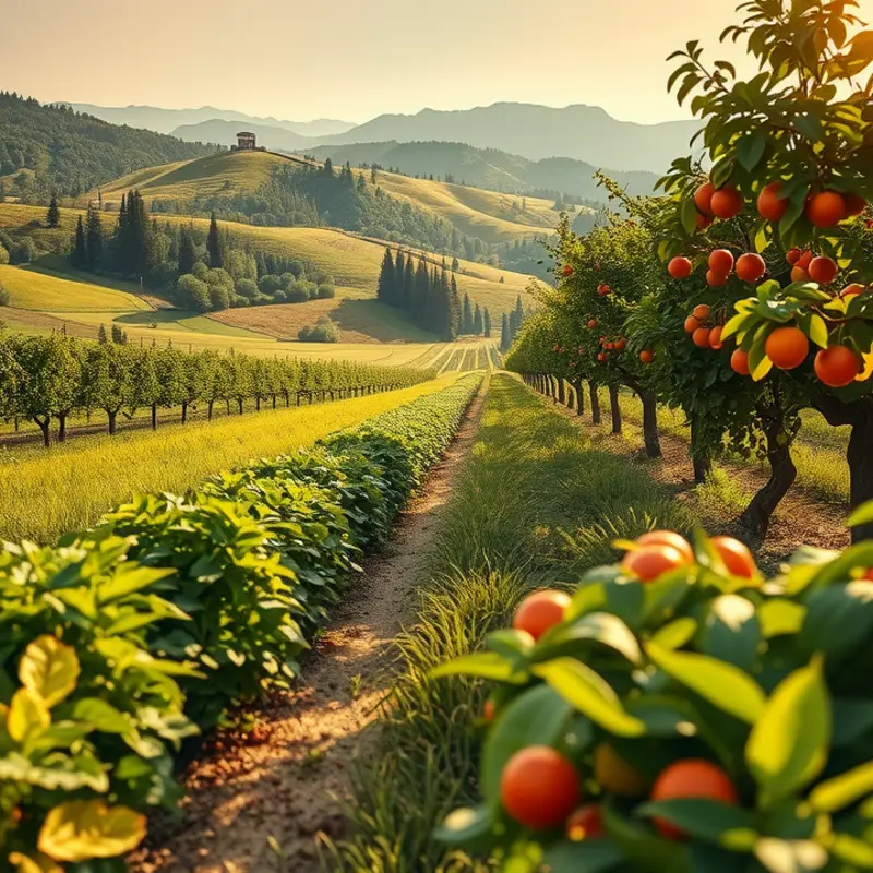 A sunlit field showcasing vibrant vegetables and fruits, emphasizing the connection between nature and mindful eating.