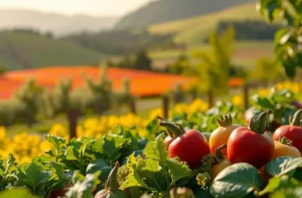 An idyllic view of nature showcasing an abundant orchard filled with organic produce and greenery.