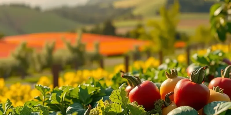 An idyllic view of nature showcasing an abundant orchard filled with organic produce and greenery.