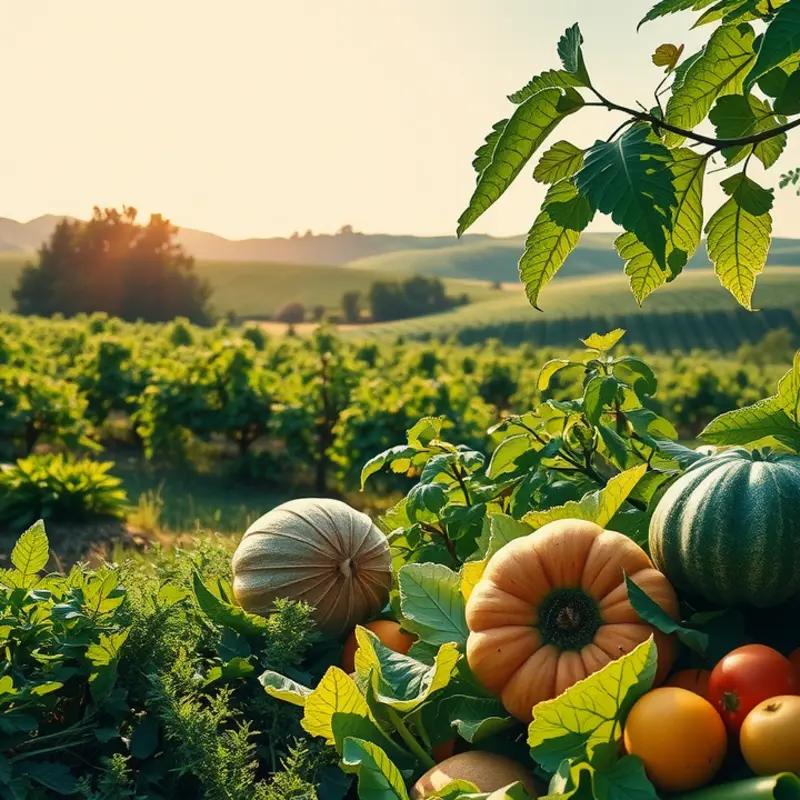 A sunlit field filled with vibrant fruits and vegetables amidst lush greenery.