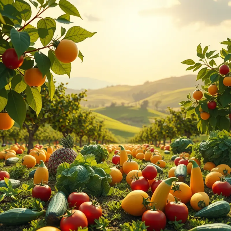 A sunlit field filled with vibrant fruits and vegetables, evoking the joy of fresh produce.