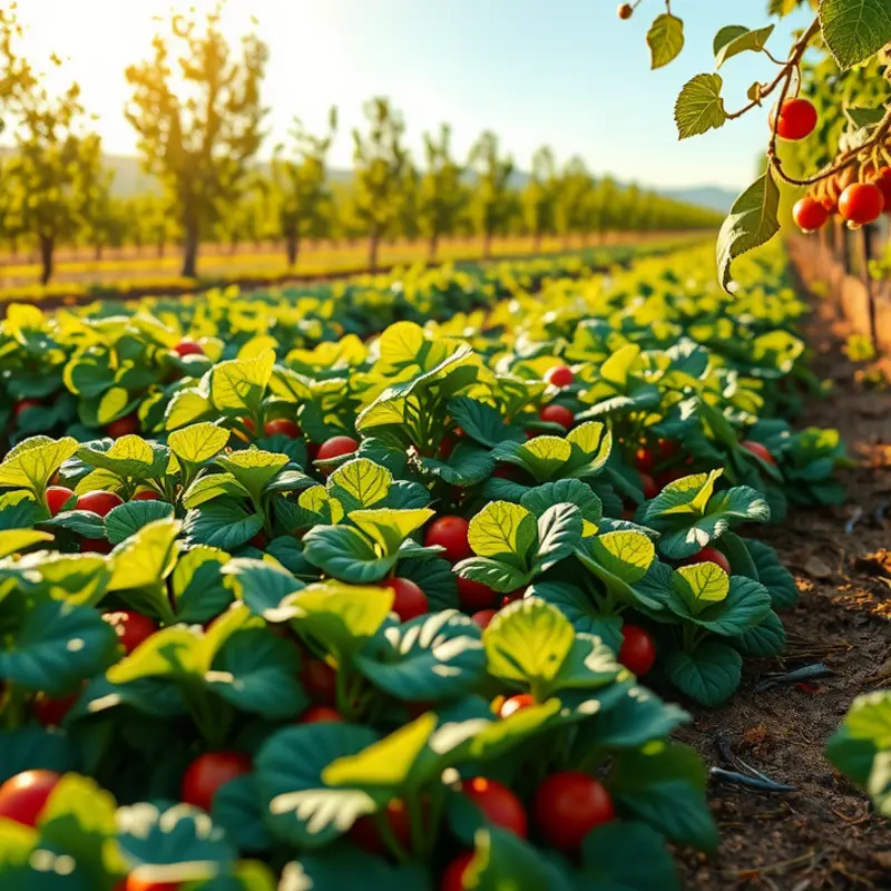 A beautiful sunlit field with vibrant produce, symbolizing the nourishing connection between food and emotions.