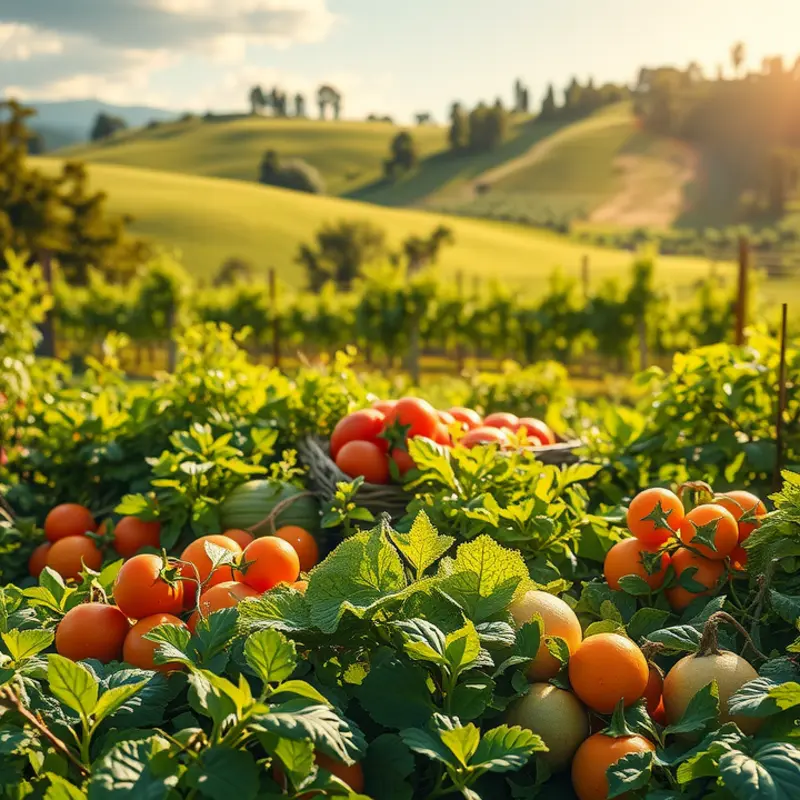 A vibrant, sunlit field showcasing a bounty of organic fruits and vegetables.
