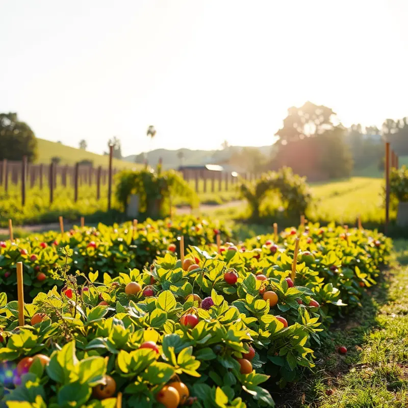 An abundant sunlit field showcasing vibrant organic vegetables and fruits.