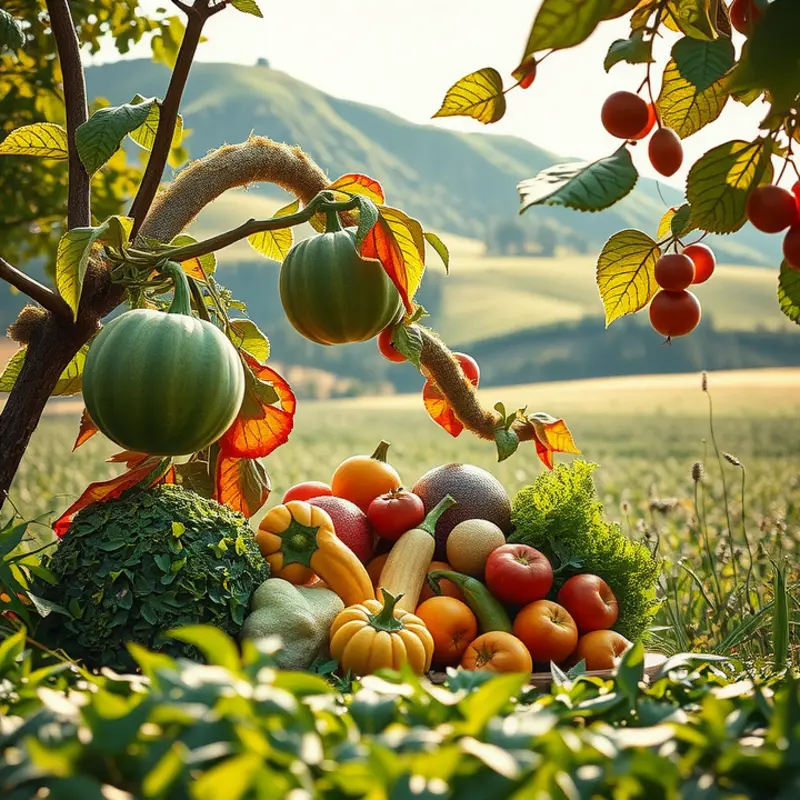 A vibrant sunlit field filled with organic fruits and vegetables.