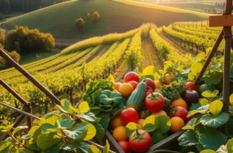 A beautiful landscape showcasing an organic orchard filled with vibrant fruits and vegetables under warm sunlight.