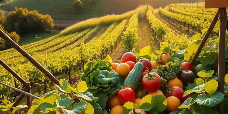 A beautiful landscape showcasing an organic orchard filled with vibrant fruits and vegetables under warm sunlight.