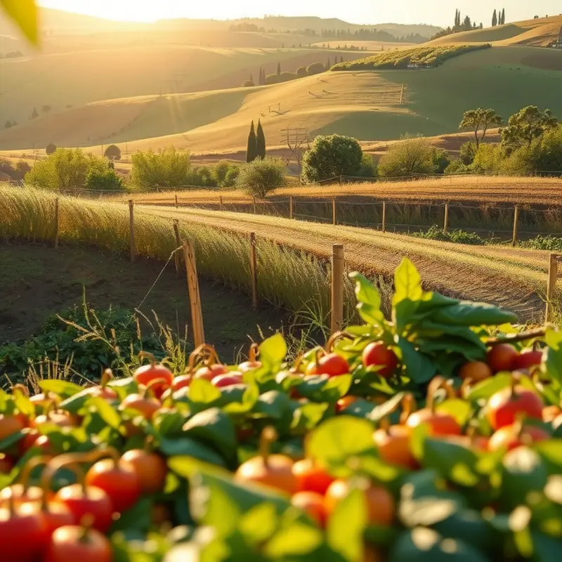 A serene orchard filled with fresh, organic produce under warm sunlight.