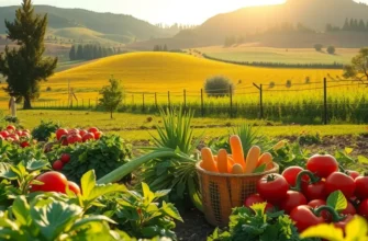 Photorealistic landscape of a sunlit field filled with organic vegetables and fruits surrounded by greenery.