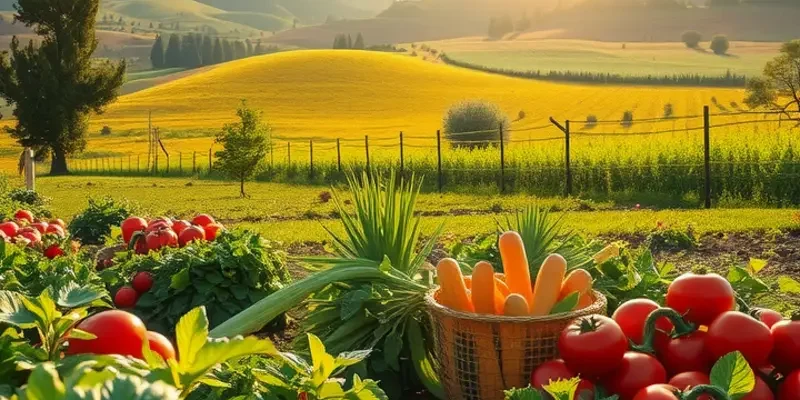 Photorealistic landscape of a sunlit field filled with organic vegetables and fruits surrounded by greenery.