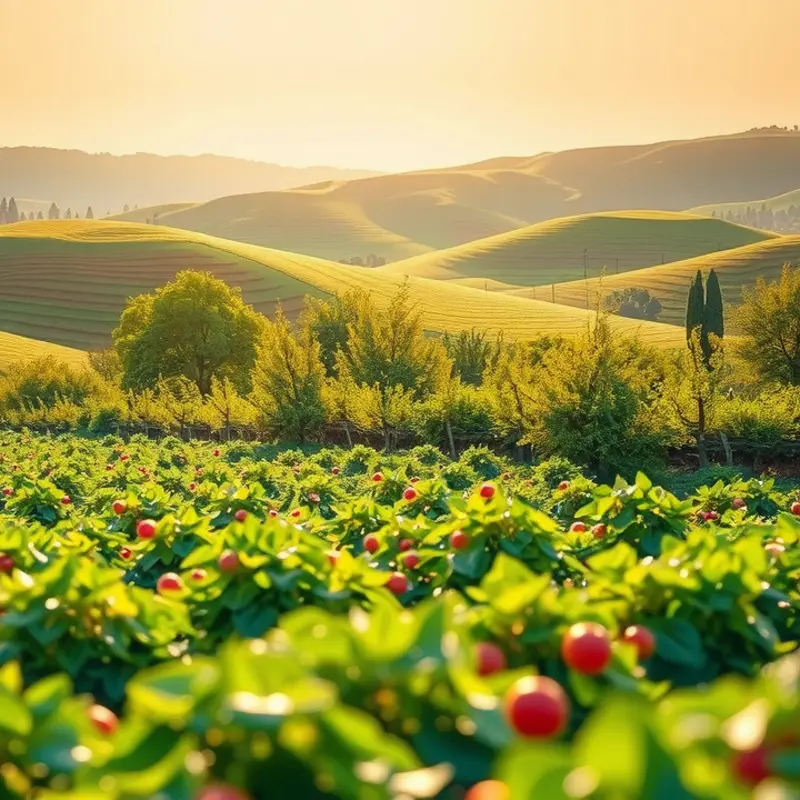 A vibrant sunlit field showcasing an abundance of organic fruits and vegetables.
